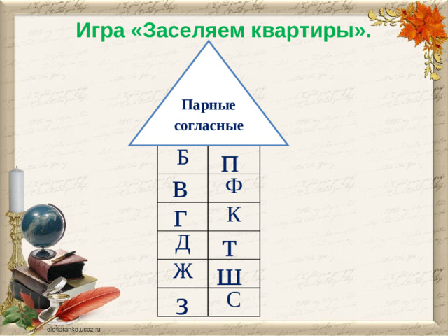 Игра «Заселяем квартиры».   Парные согласные   Б       Ф К Д Ж       С п в г т ш з