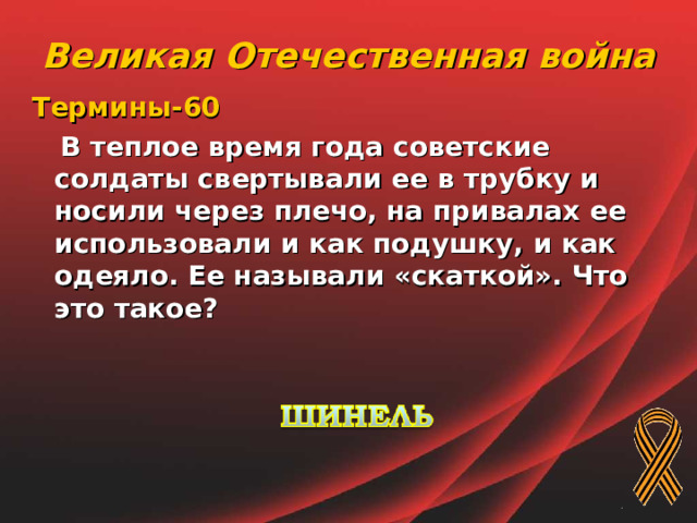 Великая Отечественная война Термины-60  В теплое время года советские солдаты свертывали ее в трубку и носили через плечо, на привалах ее использовали и как подушку, и как одеяло. Ее называли «скаткой». Что это такое?