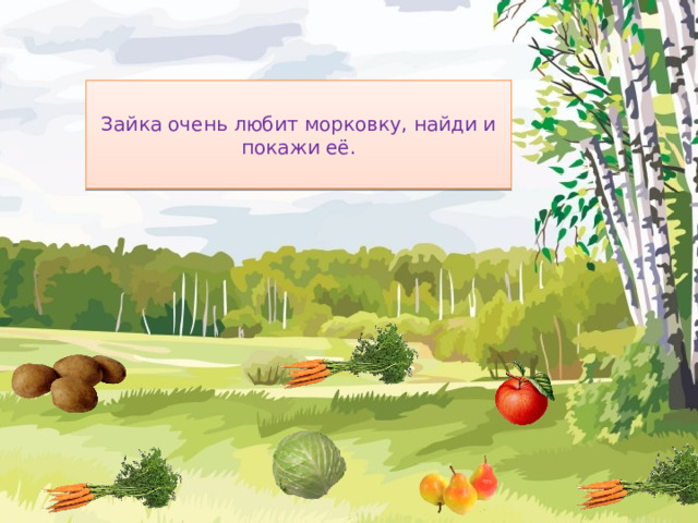 Зайка очень любит морковку, найди и покажи её.