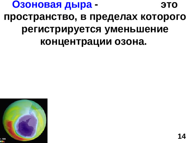 Озоновая дыра - это пространство, в пределах которого регистрируется уменьшение концентрации озона. 14