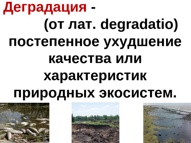 Деградация - (от лат. degradatio) постепенное ухудшение качества или характеристик природных экосистем.