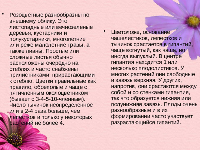 Розоцветные разнообразны по внешнему облику. Это листопадные или вечнозеленые деревья, кустарники и полукустарники, многолетние или реже малолетние травы, а также лианы. Простые или сложные листья обычно расположены очерёдно на стеблях и часто снабжены прилистниками, прирастающими к стеблю. Цветки правильные как правило, обоеполые и чаще с пятичленным околоцветником (бывает с 3-4-5-10-членным). Число тычинок неопределенное или в 2-4 раза больше, чем лепестков и только у некоторых растений не более 4. Цветоложе, основание чашелистиков, лепестков и тычинок срастается в гипантий, чаще вогнутый, как чаша, но иногда выпуклый. В центре гипантия находится 1 или несколько плодолистиков. У многих растений они свободные и завязь верхняя. У других, напротив, они срастаются между собой и со стенками гипантия, так что образуется нижняя или полунижняя завязь. Плоды очень разнообразные и в их формировании часто участвует разрастающийся гипантий.