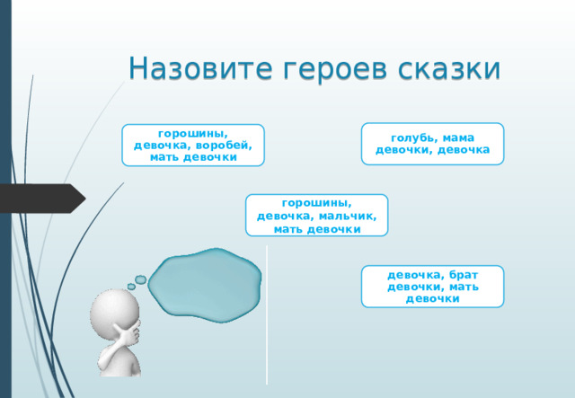 Назовите героев сказки голубь, мама девочки, девочка горошины, девочка, воробей, мать девочки горошины, девочка, мальчик, мать девочки девочка, брат девочки, мать девочки