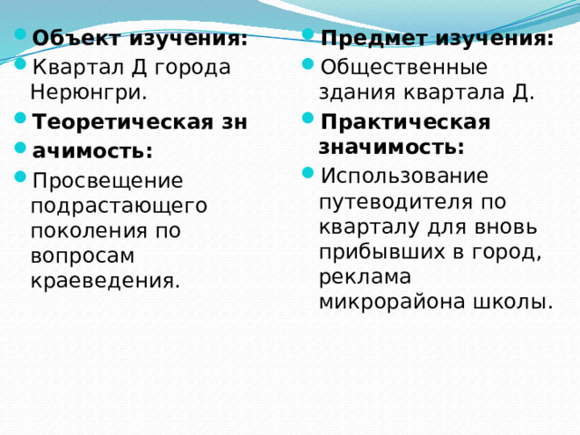 Объект изучения: Квартал Д города Нерюнгри. Теоретическая зн ачимость: Просвещение подрастающего поколения по вопросам краеведения. Предмет изучения: Общественные здания квартала Д. Практическая значимость: Использование путеводителя по кварталу для вновь прибывших в город, реклама микрорайона школы.
