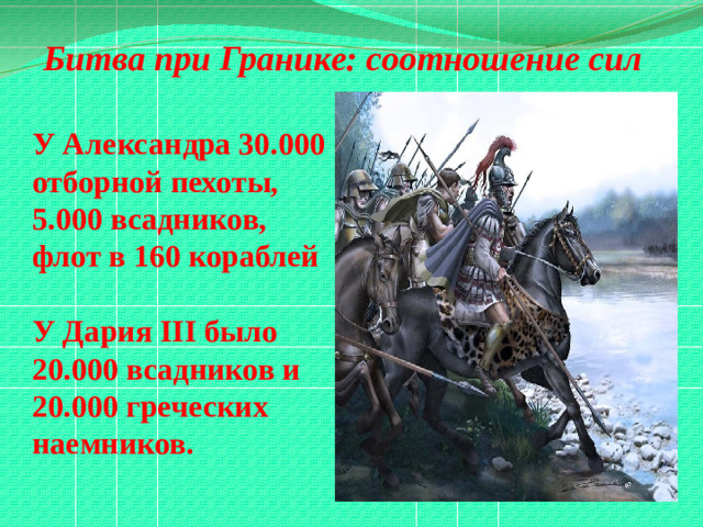 Битва при Гранике: соотношение сил У Александра 30.000 отборной пехоты, 5.000 всадников, флот в 160 кораблей  У Дария III было 20.000 всадников и 20.000 греческих наемников.