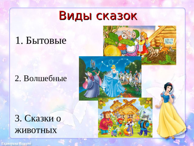 Виды сказок 1. Бытовые 2. Волшебные 3. Сказки о животных