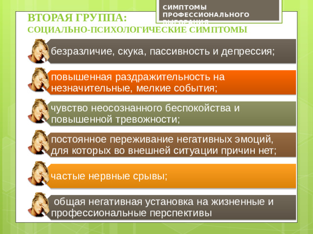 вторая ГРУППА:  социально-психологические симптомы безразличие, скука, пассивность и депрессия; повышенная раздражительность на незначительные, мелкие события; чувство неосознанного беспокойства и повышенной тревожности; постоянное переживание негативных эмоций, для которых во внешней ситуации причин нет; частые нервные срывы;  общая негативная установка на жизненные и профессиональные перспективы СИМПТОМЫ ПРОФЕССИОНАЛЬНОГО ВЫГОРАНИЯ