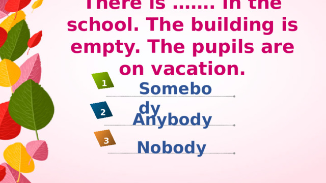 There is ……. in the school. The building is empty. The pupils are on vacation. Somebody 1 2 Anybody 3 Nobody