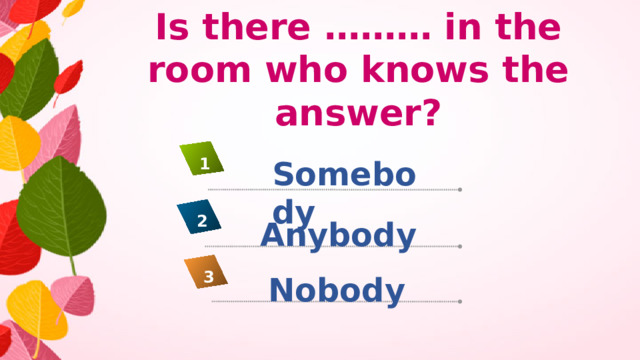 Is there ……… in the room who knows the answer? Somebody 1 2 Anybody 3 Nobody