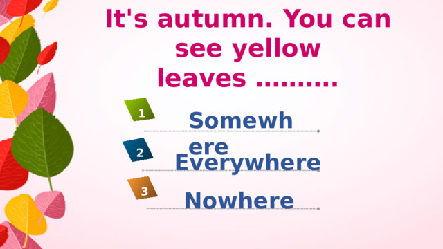 It's autumn. You can see yellow leaves ………. Somewhere 1 2 Everywhere 3 Nowhere