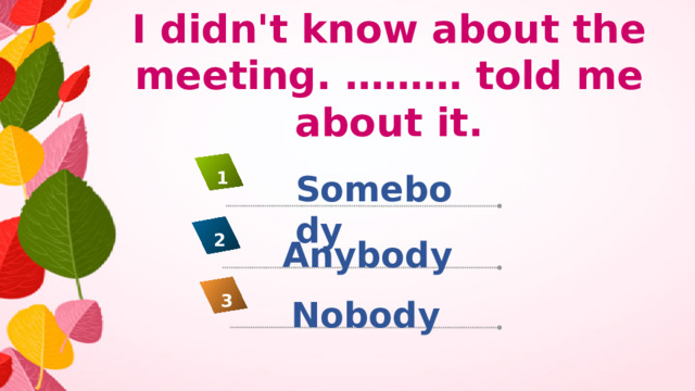 I didn't know about the meeting. ……… told me about it. Somebody 1 2 Anybody 3 Nobody
