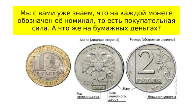 Мы с вами уже знаем, что на каждой монете обозначен её номинал, то есть покупательная сила. А что же на бумажных деньгах?