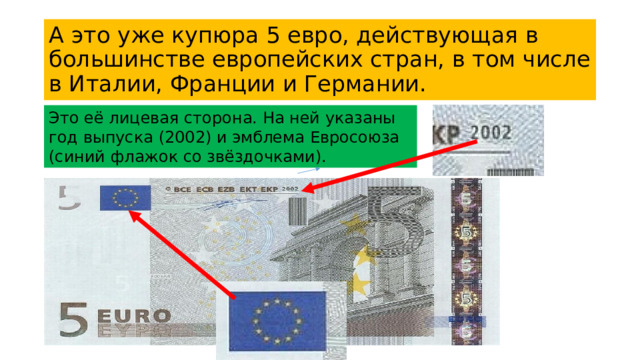 А это уже купюра 5 евро, действующая в  большинстве европейских стран, в том числе  в Италии, Франции и Германии. Это её лицевая сторона. На ней указаны год выпуска (2002) и эмблема Евросоюза (синий флажок со звёздочками).