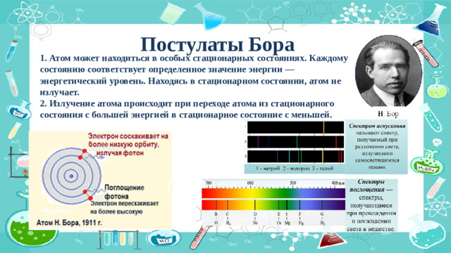 Постулаты Бора  1. Атом может находиться в особых стационарных состояниях. Каждому состоянию соответствует опре­деленное значение энергии — энергетический уро­вень. Находясь в стационарном состоянии, атом не из­лучает.  2. Излучение атома происходит при переходе атома из ста­ционарного состояния с большей энергией в стационар­ное состояние с меньшей.