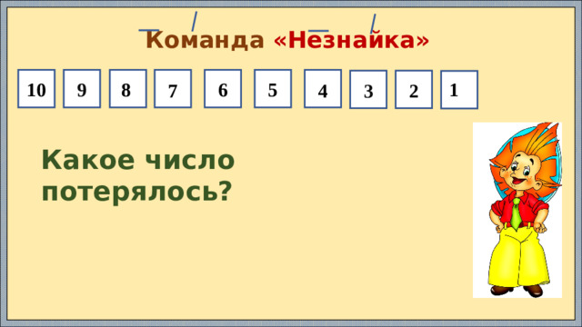 Команда «Незнайка» 5 6 9 10 2 3 1 8 4 7 Какое число потерялось?