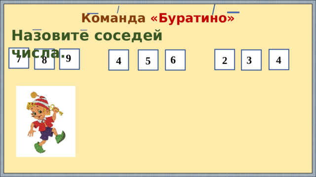 Команда «Буратино» Назовите соседей числа. 7 8 4 2 4 5  9  6  3