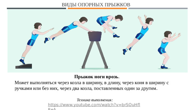 Виды опорных прыжков Прыжок ноги врозь . Может выполняться через козла в ширину, в длину, через коня в ширину с ручками или без них, через два козла, поставленных один за другим. Техника выполнения: https://www.youtube.com/watch?v=brSOuHflReA  1