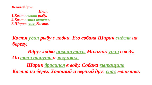 Верный друг.  План.  1.Костя ловит рыбу.  2.Костя стал тонуть .  3.Шарик спас Костю.   Костя удил рыбу с лодки. Его собака Шарик сидела на берегу.  Вдруг лодка покачнулась. Мальчик упал в воду. Он стал тонуть и закричал.  Шарик бросился в воду. Собака вытащила Костю на берег. Хороший и верный друг спас мальчика.