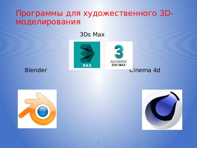 Программы для художественного 3D-моделирования    3Ds Max  Blender Cinema 4d