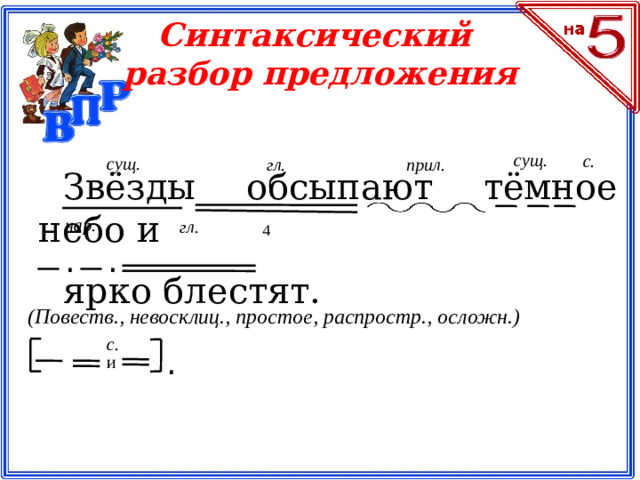Синтаксический разбор предложения сущ. с. сущ. прил. гл. Звёзды обсыпают тёмное небо и ярко блестят. нар. гл. 4 . . (Повеств., невосклиц., простое, распростр., осложн.) с. . и