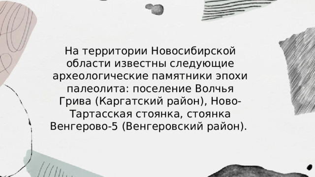 На территории Новосибирской области известны следующие археологические памятники эпохи палеолита: поселение Волчья Грива (Каргатский район), Ново-Тартасская стоянка, стоянка Венгерово-5 (Венгеровский район).