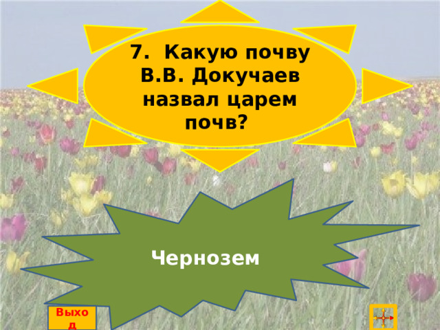 7. Какую почву В.В. Докучаев назвал царем почв? Чернозем Выход