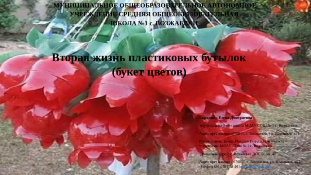 МУНИЦИПАЛЬНОЕ ОБЩЕОБРАЗОВАТЕЛЬНОЕ АВТОНОМНОЕ УЧРЕЖДЕНИЕ СРЕДНЯЯ ОБЩЕОБРАЗОВАТЕЛЬНАЯ ШКОЛА №1 с. ВОЗЖАЕВКИ   Вторая жизнь пластиковых бутылок (букет цветов) Скрипник Елена Дмитриевна  обучающаяся 9 «Б» класса МОАУ СОШ № 1 с. Возжаевки. Адрес организации:676811, с. Возжаевка, ул. Школьная, зд 1 Руководитель: Бежан Наталья Геннадьевна учитель технологии МОАУ СОШ № 1 с. Возжаевки.  Домашний адрес: с. Возжаевка ДОС 66 кв. 48 Адрес организации: 676811, с. Возжаевка, ул. Школьная, зд 1 телефон 8914 591 58 46 bezh . al 81@ mail . ru