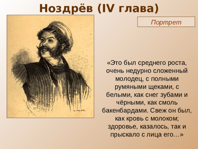 Ноздрёв ( IV глава) Портрет «Это был среднего роста, очень недурно сложенный молодец, с полными румяными щеками, с белыми, как снег зубами и чёрными, как смоль бакенбардами. Свеж он был, как кровь с молоком; здоровье, казалось, так и прыскало с лица его…»