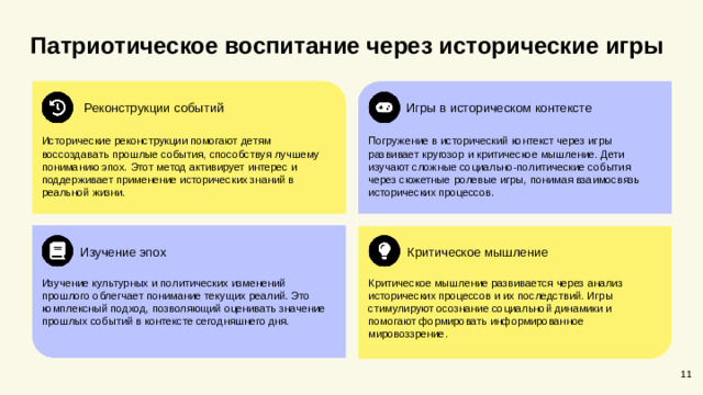 Патриотическое воспитание через исторические игры Реконструкции событий Игры в историческом контексте Исторические реконструкции помогают детям воссоздавать прошлые события, способствуя лучшему пониманию эпох. Этот метод активирует интерес и поддерживает применение исторических знаний в реальной жизни. Погружение в исторический контекст через игры развивает кругозор и критическое мышление. Дети изучают сложные социально-политические события через сюжетные ролевые игры, понимая взаимосвязь исторических процессов. Критическое мышление Изучение эпох Критическое мышление развивается через анализ исторических процессов и их последствий. Игры стимулируют осознание социальной динамики и помогают формировать информированное мировоззрение. Изучение культурных и политических изменений прошлого облегчает понимание текущих реалий. Это комплексный подход, позволяющий оценивать значение прошлых событий в контексте сегодняшнего дня. 11