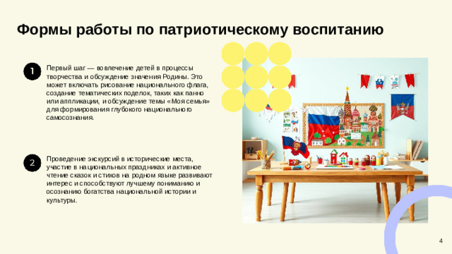 Формы работы по патриотическому воспитанию Первый шаг — вовлечение детей в процессы творчества и обсуждение значения Родины. Это может включать рисование национального флага, создание тематических поделок, таких как панно или аппликации, и обсуждение темы «Моя семья» для формирования глубокого национального самосознания. Проведение экскурсий в исторические места, участие в национальных праздниках и активное чтение сказок и стихов на родном языке развивают интерес и способствуют лучшему пониманию и осознанию богатства национальной истории и культуры. 4