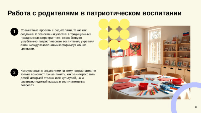 Работа с родителями в патриотическом воспитании Совместные проекты с родителями, такие как создание герба семьи и участие в традиционных праздничных мероприятиях, способствуют углублению патриотического воспитания, укрепляя связь между поколениями и формируя общие ценности. Консультации с родителями на тему патриотизма не только помогают лучше понять, как заинтересовать детей историей страны и её культурой, но и развивают единый подход в воспитательных вопросах. 6