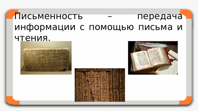 Письменность – передача информации с помощью письма и чтения.