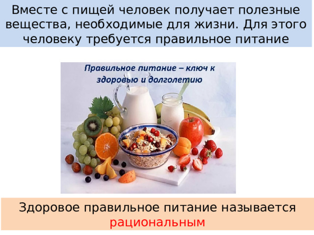 Вместе с пищей человек получает полезные вещества, необходимые для жизни. Для этого человеку требуется правильное питание Здоровое правильное питание называется рациональным