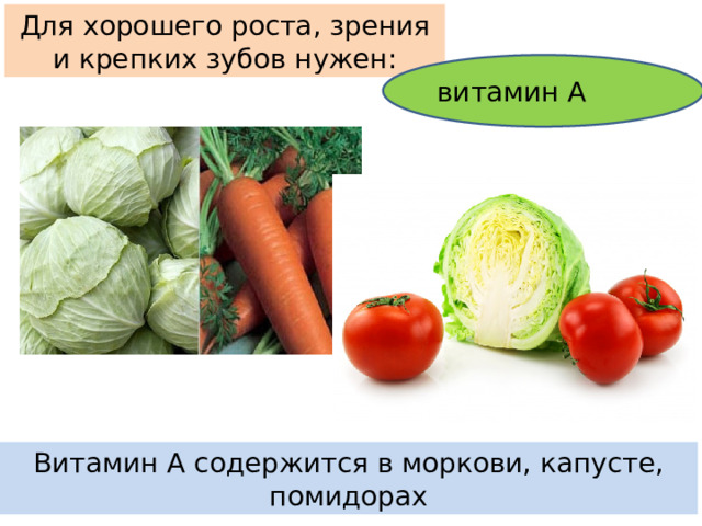 Для хорошего роста, зрения и крепких зубов нужен: витамин А Витамин А содержится в моркови, капусте, помидорах
