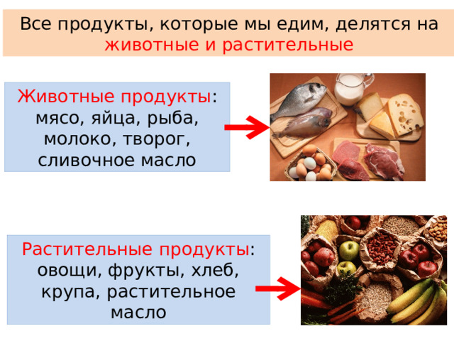 Все продукты, которые мы едим, делятся на животные и растительные Животные продукты : мясо, яйца, рыба, молоко, творог, сливочное масло Растительные продукты : овощи, фрукты, хлеб, крупа, растительное масло