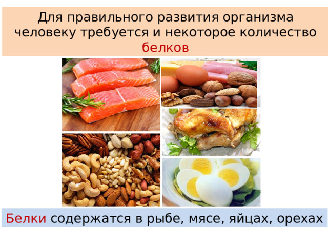 Для правильного развития организма человеку требуется и некоторое количество белков Белки содержатся в рыбе, мясе, яйцах, орехах