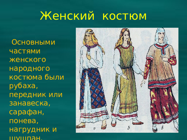 Женский костюм  Основными частями женского народного костюма были рубаха, передник или занавеска, сарафан, понева, нагрудник и шушпан.