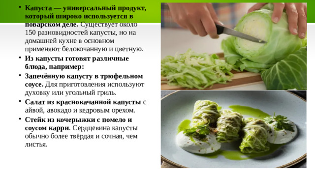 Капуста — универсальный продукт, который широко используется в поварском деле. Существует около 150 разновидностей капусты, но на домашней кухне в основном применяют белокочанную и цветную. Из капусты готовят различные блюда, например: Запечённую капусту в трюфельном соусе. Для приготовления используют духовку или угольный гриль. Салат из краснокачанной капусты с айвой, авокадо и кедровым орехом.   Стейк из кочерыжки с помело и соусом карри . Сердцевина капусты обычно более твёрдая и сочная, чем листья.