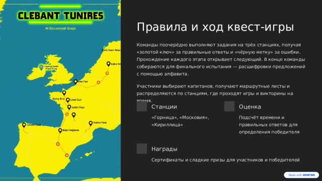 Правила и ход квест-игры Команды поочерёдно выполняют задания на трёх станциях, получая «золотой ключ» за правильные ответы и «чёрную метку» за ошибки. Прохождение каждого этапа открывает следующий. В конце команды собираются для финального испытания — расшифровки предложений с помощью алфавита. Участники выбирают капитанов, получают маршрутные листы и распределяются по станциям, где проходят игры и викторины на время. Станции Оценка «Горница», «Московия», «Кириллица» Подсчёт времени и правильных ответов для определения победителя Награды Сертификаты и сладкие призы для участников и победителей