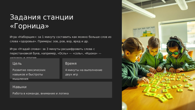 Задания станции «Горница» Игра «Наборщик»: за 1 минуту составить как можно больше слов из слова «здоровье». Примеры: зов, ров, вор, вред и др. Игра «Угадай слова»: за 3 минуты расшифровать слова с перестановкой букв, например, «Осль» — «соль», «Кшока» — «кошка» и другие. Цель Время Развитие лексических навыков и быстроты мышления 4 минуты на выполнение двух игр Навыки Работа в команде, внимание и логика