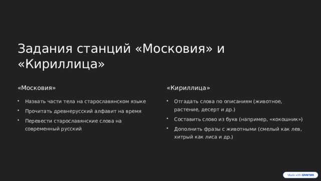 Задания станций «Московия» и «Кириллица» «Московия» «Кириллица»