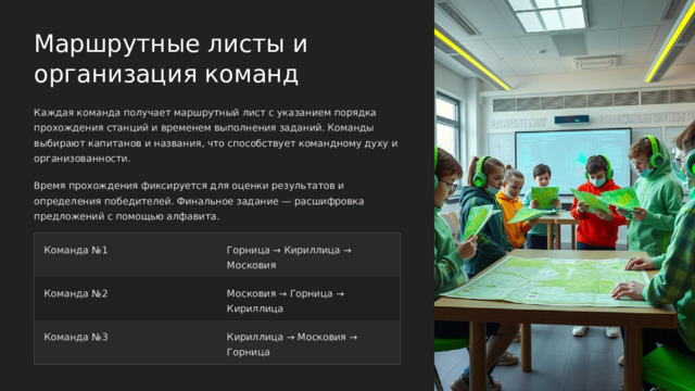 Маршрутные листы и организация команд Каждая команда получает маршрутный лист с указанием порядка прохождения станций и временем выполнения заданий. Команды выбирают капитанов и названия, что способствует командному духу и организованности. Время прохождения фиксируется для оценки результатов и определения победителей. Финальное задание — расшифровка предложений с помощью алфавита. Команда №1 Горница → Кириллица → Московия Команда №2 Московия → Горница → Кириллица Команда №3 Кириллица → Московия → Горница