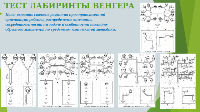 ТЕСТ ЛАБИРИНТЫ ВЕНГЕРА   Цель: выявить степень развития пространственной ориентации ребенка, распределение внимания, сосредоточенности на задаче и особенности наглядно-образного мышления по средствам комплексной методики.