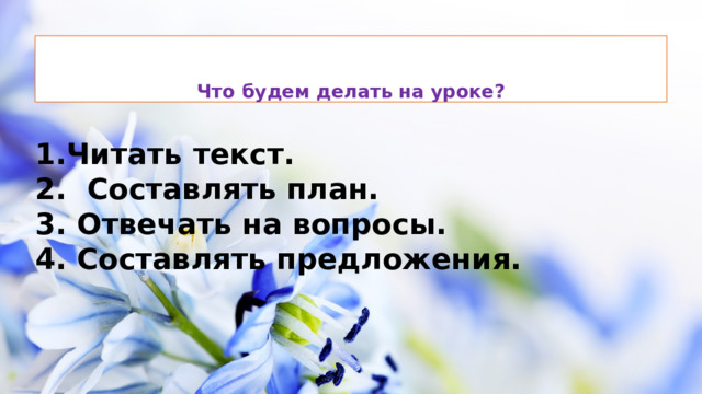 Что будем делать на уроке? Читать текст. 2. Составлять план. 3. Отвечать на вопросы. 4. Составлять предложения.