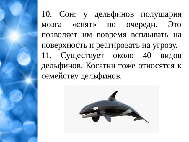 10. Сон: у дельфинов полушария мозга «спят» по очереди. Это позволяет им вовремя всплывать на поверхность и реагировать на угрозу. 11. Существует около 40 видов дельфинов. Косатки тоже относятся к семейству дельфинов.