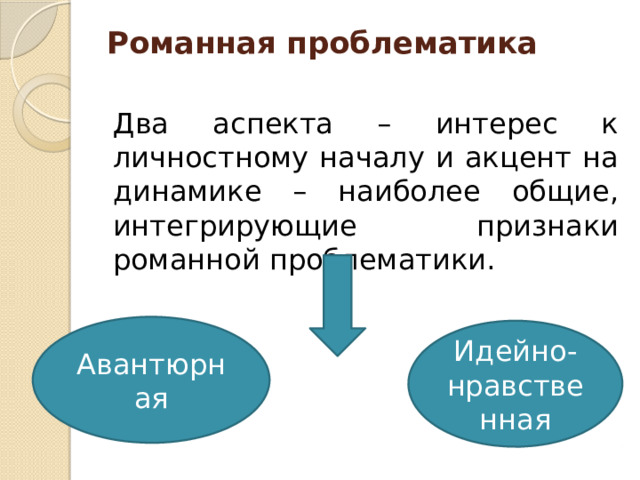 Романная проблематика   Два аспекта – интерес к личностному началу и акцент на динамике – наиболее общие, интегрирующие признаки романной проблематики. Авантюрная Идейно-нравственная