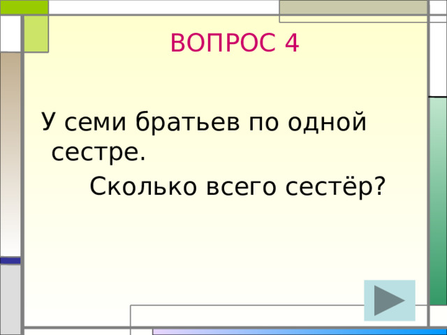 ВОПРОС 4  У семи братьев по одной сестре.  Сколько всего сестёр?