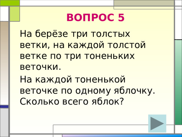 ВОПРОС 5 На берёзе три толстых ветки, на каждой толстой ветке по три тоненьких веточки. На каждой тоненькой веточке по одному яблочку. Сколько всего яблок?
