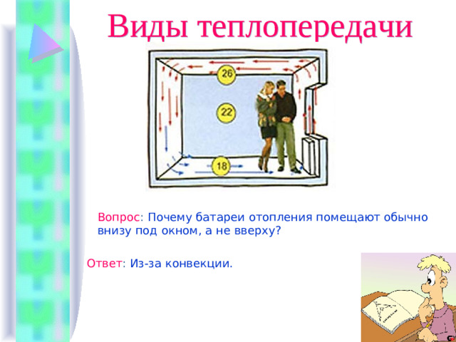 Виды теплопередачи Вопрос : Почему батареи отопления помещают обычно внизу под окном, а не вверху? Ответ : Из-за конвекции.