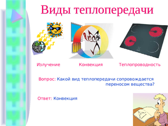 Виды теплопередачи Излучение Конвекция Теплопроводность Вопрос :  Какой вид теплопередачи сопровождается  переносом вещества? Ответ :  Конвекция